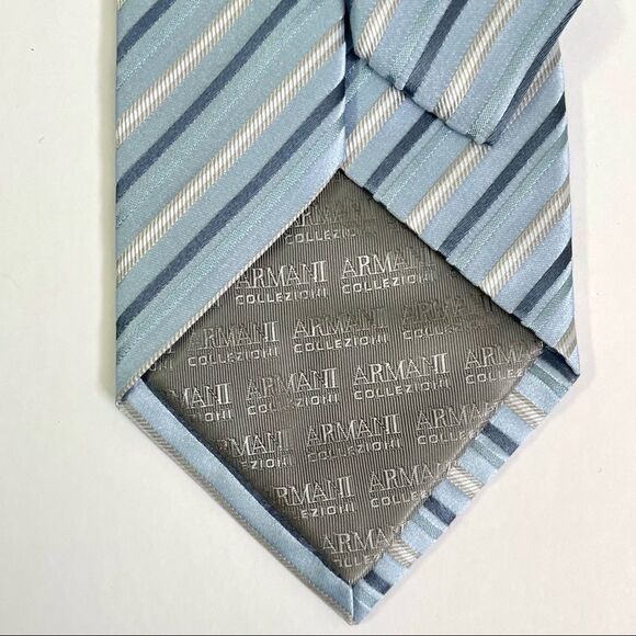 ARMANI COLLEZIONI Woven Silk Tie Blue Silver Stripe Print - Picture 2 of 5